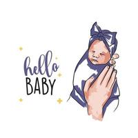 Fashion card for newborns, baby girl in hands, hello baby, in doodle vector