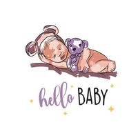 gracioso recién nacido tarjeta con osito de peluche oso, Hola bebé, mano letras, bebé en garabatear vector