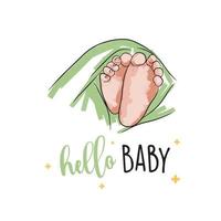 Baby feet of a newborn, postcard with bed strokes, hello baby, in doodle style vector
