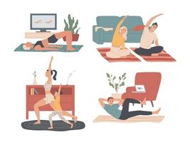 Exercising at home. People performing sports activities, fitness workout vector