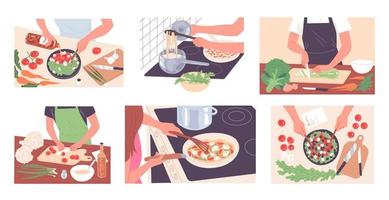 People cook food, prepare meal. Various vegetable dishes vector