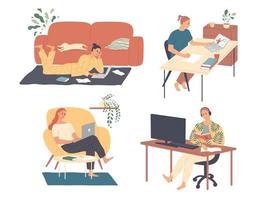 Freelance people work at home. Freelancer character working from home office workplace. Self employed or business. vector
