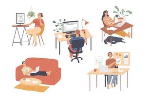 People working from home. on laptops and computers Working at home. Freelance. vector