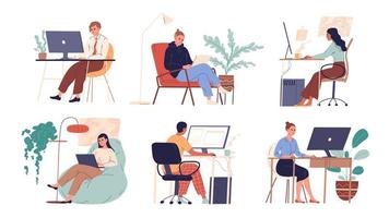 Set of people working with laptops and computers vector