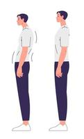 Man with impaired posture and correct posture. Spinal curvature, scoliosis vector