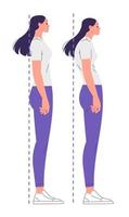 Young woman is standing straight and slouching. vector