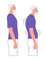 Elderly man with impaired posture and correct posture vector