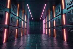 black tiled walls, futuristic sci-fi neon background . photo
