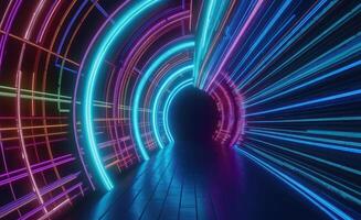 Abstract Neon Lights Tunnel . photo