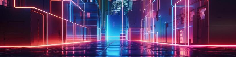 abstract red blue neon background. Glowing linear volumetric cube in the middle of the city street, under the starry night sky. Digital futuristic wallpaper . photo