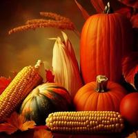 Pumpkins, Corn, and Maple Leaves Still Life, Falling for Fall . photo