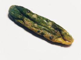 Isolated white photo of a cucumber that has shrunk, started to rot and has mold.