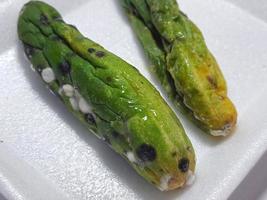 Isolated white photo of a cucumber that has shrunk, started to rot and has mold.