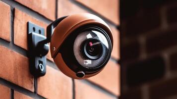 outdoor security camera on a red brick wall photo