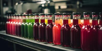 producción transportador con botellas de limonada generativo ai foto