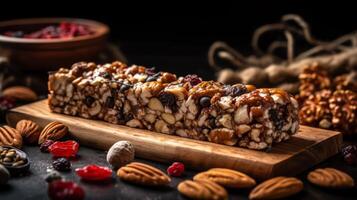 homemade energy bar from nuts and dried fruits photo