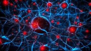 neural connections system in brain blue red background photo