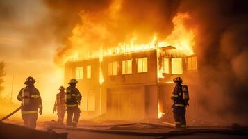 bomberos poner fuera un ardiente casa generativo ai foto
