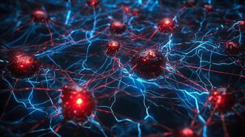 neural connections system in brain blue red background photo