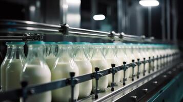 Leche producción, un botellas con un lechería producto en un transportador generativo ai foto