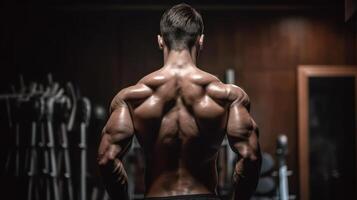 muscular hombre espalda ver de un carrocero atleta en oscuro antecedentes generativo ai foto