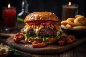 juicy burger with big cutlet, vegetables and melted cheese photo