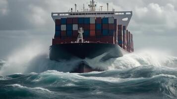 cargo ship with containers in ocean, international sea delivery photo