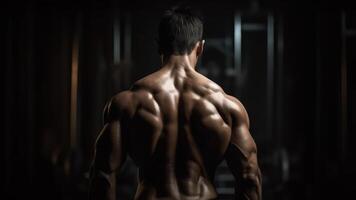 muscular man back view of a bodybuilder athlete in dark background photo