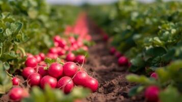 harvesting red radishes in field photo