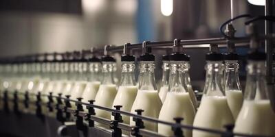 Leche producción, un botellas con un lechería producto en un transportador generativo ai foto