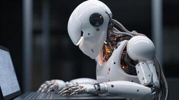 white robot artificial intelligence works at a laptop computer photo