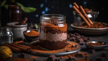 sweet dessert chocolate pudding with coconut in dark background photo