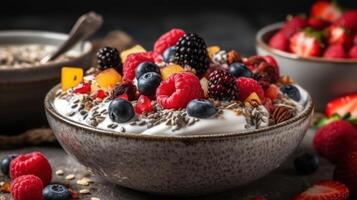 sano desayuno cuenco lleno con cereal con bayas generativo ai foto