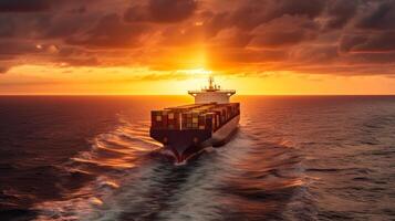 cargo ship with containers in ocean, international sea delivery on sunset sky background photo