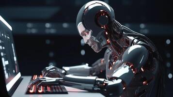 robot artificial inteligencia trabajos a un ordenador portátil computadora generativo ai foto