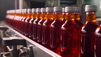 production conveyor with bottles of lemonade photo