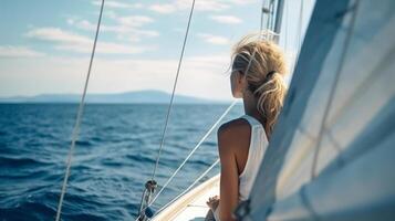 a girl on a yacht enjoys the sea her hair is inflated by the wind back view, travel ocean trip photo