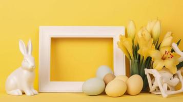 Free photo an empty white border frame decorated with lily flowers, rabbit figurine and easter eggs on yellow background, generat ai