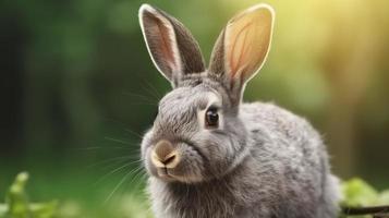 retrato de un linda mullido gris Conejo con orejas en un natural verde fondo, generar ai foto