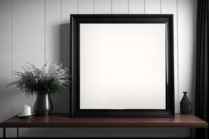 Mockup of square black frame on a table in classic interior photo