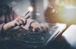 Woman using tablet and global network connection with Internet communication, Wireless connection technology. Futuristic technology with polygonal shapes,Communication and marketing concept, photo