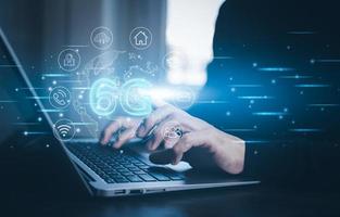 Business touch technology 6G of mobile telecommunication network in Europe for high speed wireless data connection to internet from smartphones, concept future technology 6G network wireless systems photo