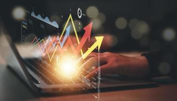 Business finance technology and investment concept. Stock Market Investments Funds and Digital Assets. businessman analyzing forex trading graph financial data. Business finance background. photo
