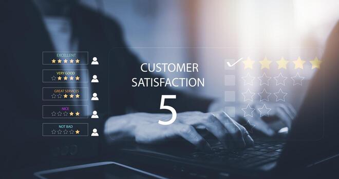 Hand using laptop with Customer review satisfaction feedback survey concept, User give rating to service experience on online application, service leading to reputation ranking of business. photo