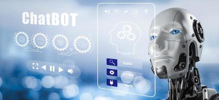 3D rendering robots working with Chat bot Chat with AI, Artificial Intelligence, System Artificial intelligence an artificial intelligence chatbot, Digital chatbot, Robot application, conversation photo