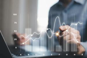 Business analytics and financial concept, Plans to increase business growth and an increase, Technology and Business trend analysis concepts, with business graphs coming out on the computer notebook. photo
