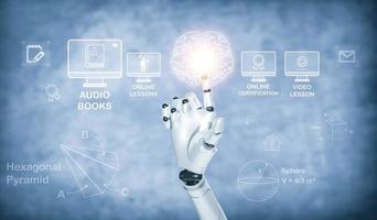 AI robots use a hand touch system for learning education, Online Education icon on a virtual screen. internet lessons online webinars, online lessons on a digital screen.Education Internet Technology. photo