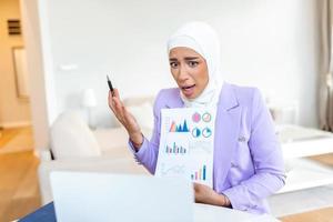 Focused muslim businesswoman presenting charts and graphs on video call online. Young business woman ih hijab having conference call with client on laptop. working laptop computer indoor. photo