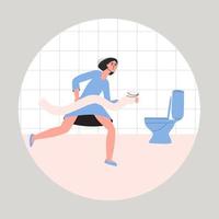Diarrhea concept. Young woman with toilet paper runs to the toilet. Stomach infection, food poisoning or different digestive system problem. vector