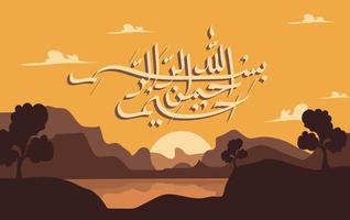 Arabic Calligraphy of Bismillah with landscape background, the first verse of Quran, translated as, In the name of God, the merciful, the compassionate vector